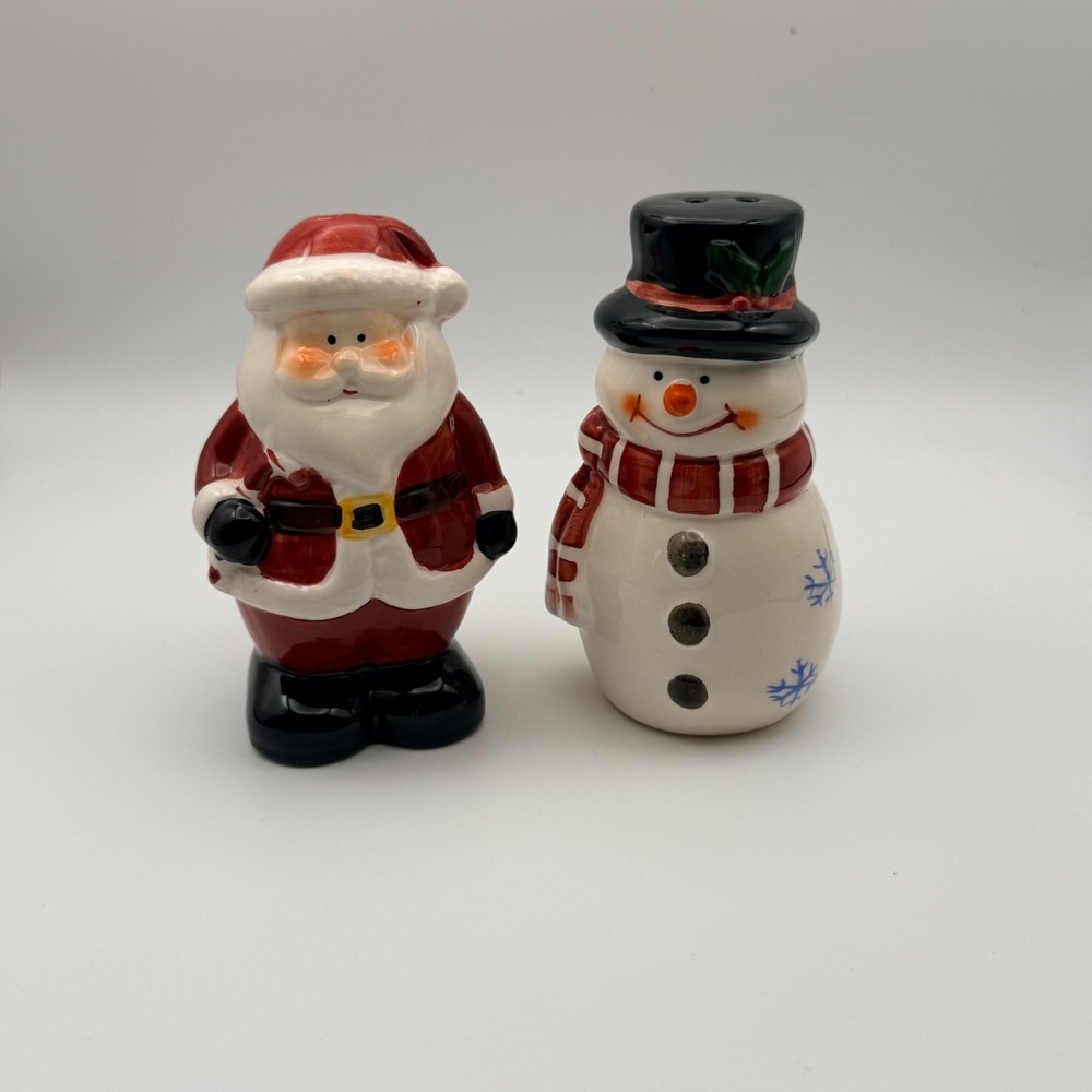 Ceramic Santa and Snowman Christmas Salt and Pepper Shaker Set Holiday Decor